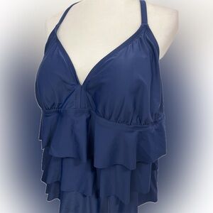 Catalina Ruffled Navy Halter Tankini Top Size 2x (18W-20W)